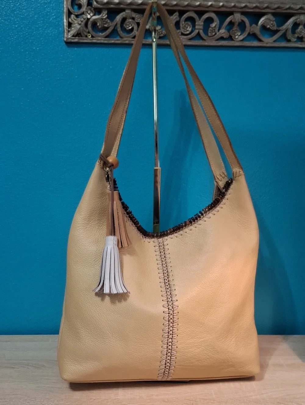 The Sak HUNTLEY Leather Hobo with Tassel Accent in Color Natural - Picture 1 of 13